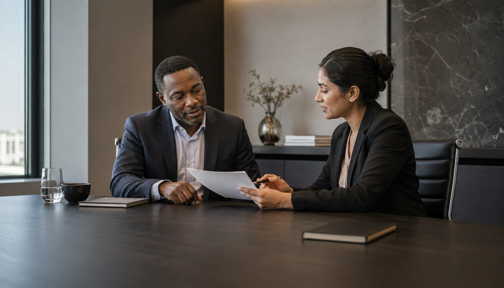 Illustrative executive and advisor discussing a business risk decision
