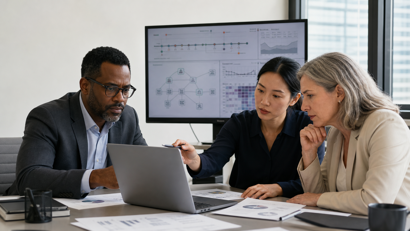 Illustrative CISO, cyber analyst, and finance leader reviewing cyber incident exposure